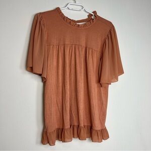 Kim & Cami Burnt Orange Ruffle Babydoll Top – Boho Flutter Sleeve Blouse large